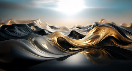 Leinwandbilder - Abstract waves of black and gold flow and ripple under a bright light source. The surface is smooth and reflective, creating a dynamic and elegant scene.