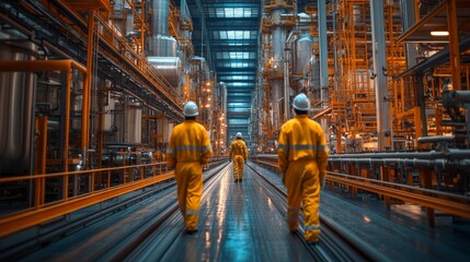 Aufkleber - Three workers in yellow protective suits traverse the main aisle of a large petrochemical refinery filled with machinery and piping.