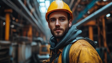 Fototapete - A worker wearing a helmet and a hooded jacket stands in a large steel manufacturing facility. The background shows automated machinery used in welding and casting processes.