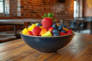 Aufkleber - Fresh fruit bowl with ripe strawberries and blueberries in rustic kitchen setting