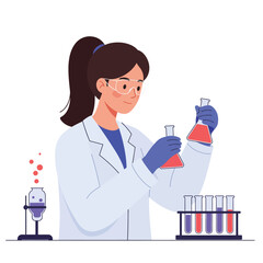 Scientist in lab coat conducting experiments with flasks in flat vector illustration