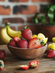 Aufkleber - Fresh fruit bowl with strawberries and lemons in a rustic kitchen setting on a wooden table
