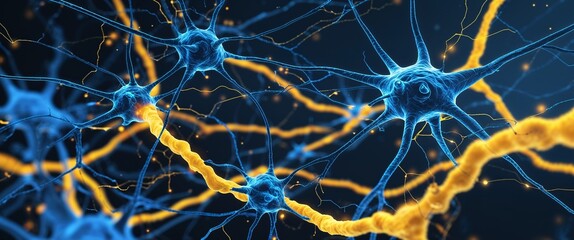 blue neural network neuron connection yellow dark background motion and energy concept modern and futuristic digital abstract artwork background
