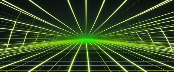 Wall Mural - green mesh grid glowing light rays on yellow dark background motion and energy concept modern and fu