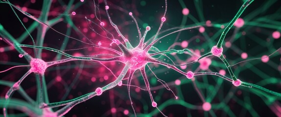 Wall Mural - green neural network neuron connection pink dark background motion and energy concept modern and fut