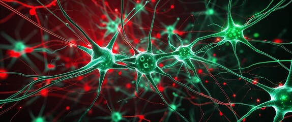 Wall Mural - green neural network neuron connection red dark background motion and energy concept modern and futu