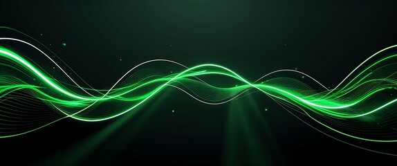 Wall Mural - green wave curve light rays on black dark background motion and energy concept modern and futuristic
