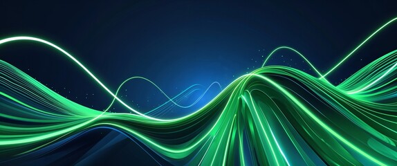 Wall Mural - green wave curve light rays on blue dark background motion and energy concept modern and futuristic 