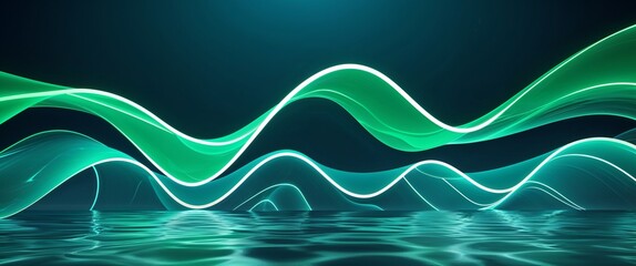 Wall Mural - green wave curve light rays on cyan dark background motion and energy concept modern and futuristic 