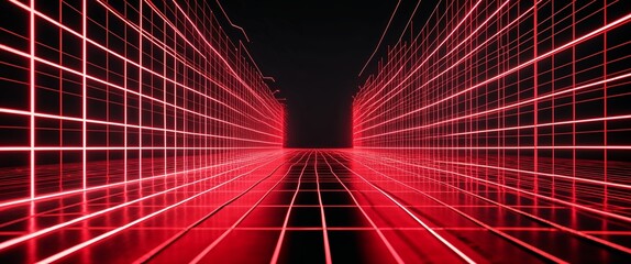 Wall Mural - red mesh grid glowing light rays on black dark background motion and energy concept modern and futur