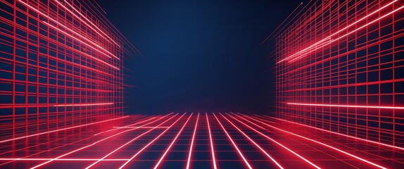 Wall Mural - red mesh grid glowing light rays on blue dark background motion and energy concept modern and futuri