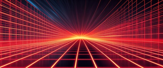 Wall Mural - red mesh grid glowing light rays on colorful dark background motion and energy concept modern and fu
