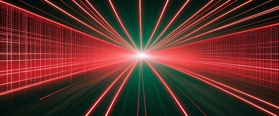 Wall Mural - red mesh grid glowing light rays on green dark background motion and energy concept modern and futur