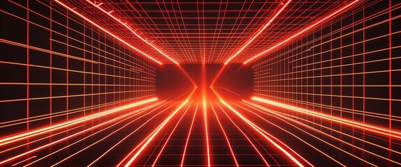 Wall Mural - red mesh grid glowing light rays on orange dark background motion and energy concept modern and futu