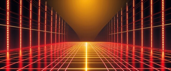 Wall Mural - red mesh grid glowing light rays on yellow dark background motion and energy concept modern and futu