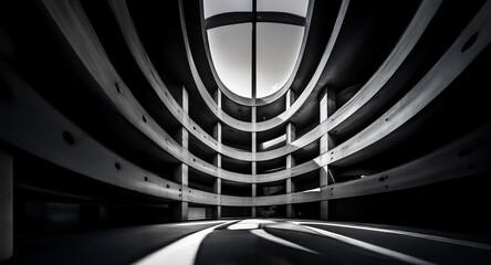 Poster - Modern building interior with curved architectural elements, skylight, in black and white. Low angle view, strong contrasts, geometric shapes.