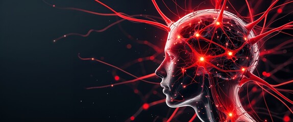 Wall Mural - red neural network neuron connection black dark background motion and energy concept modern and futu