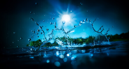 Poster - A dynamic water splash is frozen in time against a dark backdrop. Bright light source illuminates the droplets, creating contrast and highlighting the movement and energy of the water. Distant green v