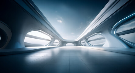 Poster - Futuristic white hall with large windows and smooth curves. Empty, bright and minimalist, the modern architectural space is under a cloudy sky.