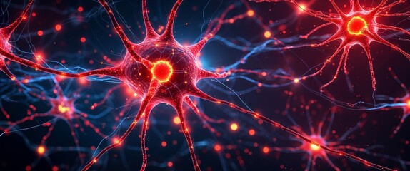 Wall Mural - red neural network neuron connection colorful dark background motion and energy concept modern and f