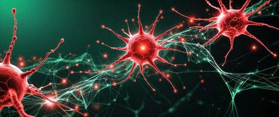 Wall Mural - red neural network neuron connection green dark background motion and energy concept modern and futu