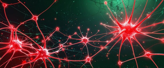 Wall Mural - red neural network neuron connection green dark background motion and energy concept modern and futu