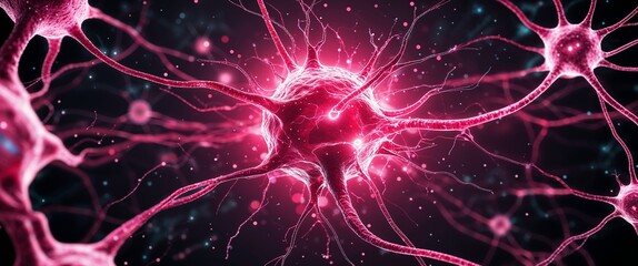 Wall Mural - red neural network neuron connection pink dark background motion and energy concept modern and futur