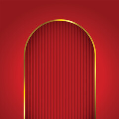 Red background with Gold arch, arch gate. Luxury minimal wall scene mockup product stage showcase, Banner promotion display. Abstract vector geometric forms.