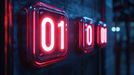 Aufkleber - Bright red digital displays show the binary states of 0 and 1, symbolizing the foundational elements of quantum computing.
