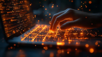 Fototapete - A hand interacts with a glowing keyboard as quantum concepts like qubits and entanglement animate the digital workspace. Security protocols are being developed to combat eavesdropping.