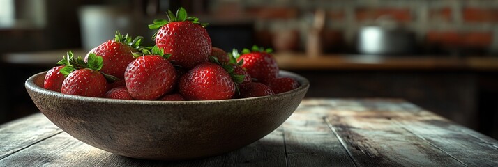 Aufkleber - Fresh strawberries arranged in a rustic bowl on a wooden table in a cozy kitchen with brick walls