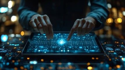Poster - A person interacts with a digital interface displaying quantum computing concepts like qubit, quantum superposition, and entanglement. The setting is futuristic with vibrant lights and technology.