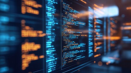 Leinwandbilder - Digital interface displaying code aligned with golden ratio in a dark futuristic room with glowing screens at a tech hub
