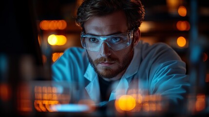 Poster - A researcher in a lab focuses intently on quantum mechanics experiments involving qubits and superposition.