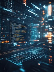 Leinwandbilder - Futuristic digital interface showcasing code aligned with the golden ratio in a dark, high-tech environment
