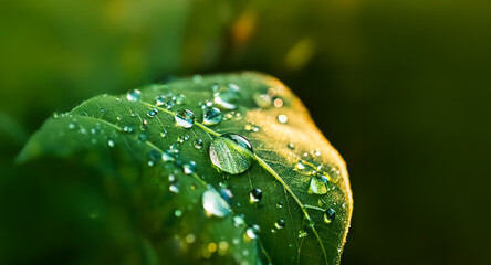 Poster - A verdant leaf, captured in a macro shot, displays glistening water droplets. Soft sunlight illuminates the leaf, highlighting its texture against a blurred green backdrop.