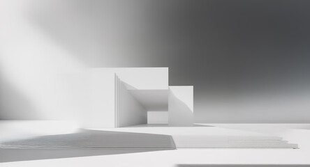 Aufkleber - Minimalist white geometric structure with sharp shadows creating depth and dimension. Abstract architecture in a bright, clean setting.