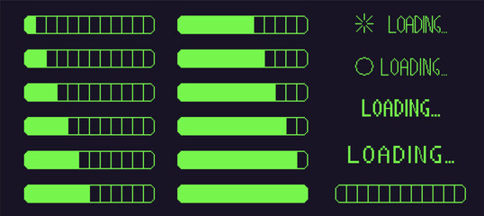 Wall Mural - pixel art retro loading bar interface. 8 bit progress button elements set and text. green stroke con