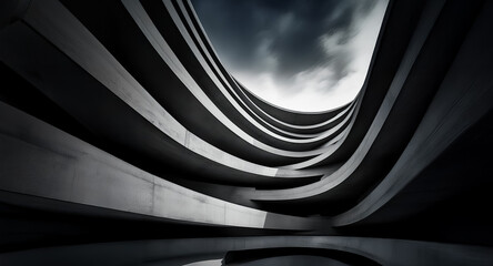 Poster - Low angle captures a minimalist architectural structure featuring curved concrete lines beneath a cloudy sky. Moody and dark tones accentuate the scene's dramatic perspective.