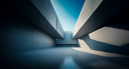Poster - Abstract architectural space with concrete walls and open sky.  Light and shadow create a minimalist and modern scene.