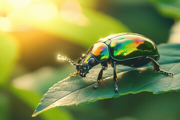 Fototapete - A bright-colored beetle perched on the edge of a green leaf, providing a splash of color in nature