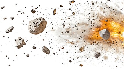explosive asteroid impact with debris scattering across a white background, illustrating cosmic even