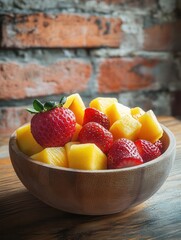 Aufkleber - Fresh fruit bowl artfully arranged on a rustic wooden table in a cozy kitchen with brick walls