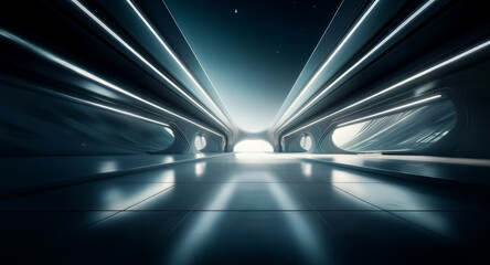 Poster - Sleek futuristic corridor with bright white lights illuminating the shiny floor.  A tunnel-like passage leads to a distant, glowing exit, hinting at a starry night sky.
