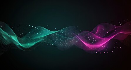 Wall Mural - abstract wave patterns of teal and magenta colors with dotted effects on a dark background
