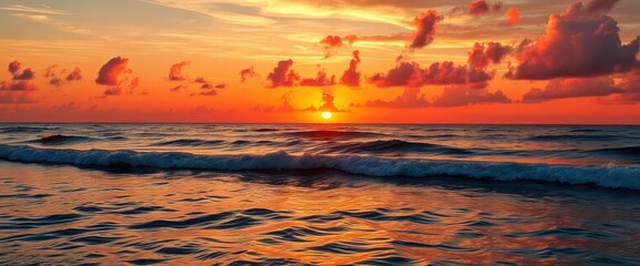 Wall Mural - blazing orange and gold sunset hues paint the vast pacific ocean, reflecting vibrant light on tranqu
