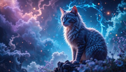 Wall Mural - Serene Longhaired Cat Amidst a Magical Nightscape