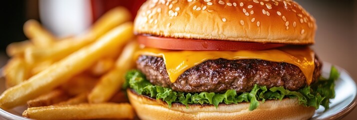 Aufkleber - Enjoying a delicious cheeseburger with fries on a plate at a cozy diner in the afternoon light