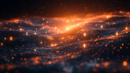 Fototapete - This artwork represents the complex nature of quantum mechanics, showcasing qubits in superposition and entanglement amidst a backdrop of digital data flowing like waves.