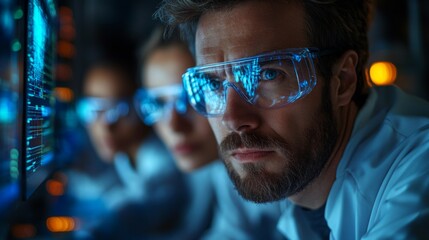 Poster - Researchers engaged in a quantum physics experiment observe quantum phenomena on advanced screens, focusing on qubits, superposition, and entanglement dynamics.